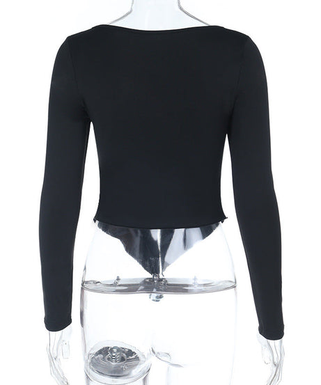 Autumn Allure: Chic Black Square Neck Ruched Long Sleeve Top with Asymmetrical Slit Hem