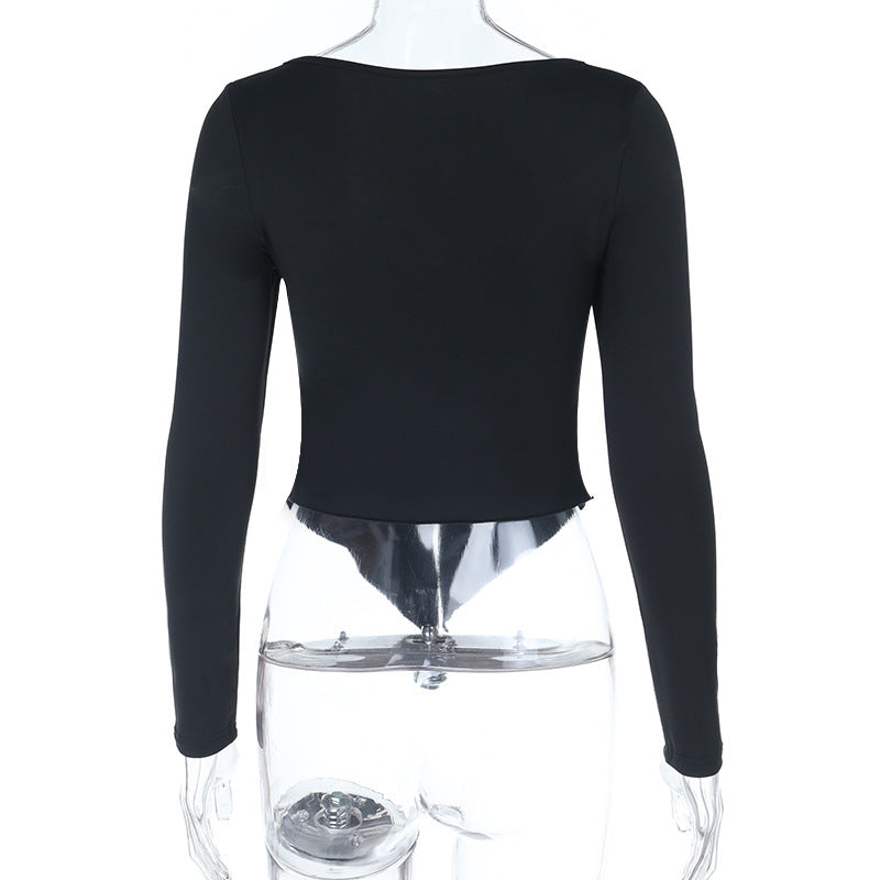 Autumn Allure: Chic Black Square Neck Ruched Long Sleeve Top with Asymmetrical Slit Hem
