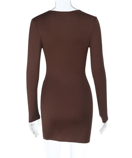 Fall Nights Out: Chic Brown Knot Front Long Sleeve Mini Dress - Deep V & Cutouts