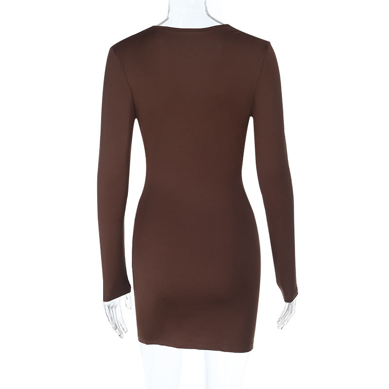 Fall Nights Out: Chic Brown Knot Front Long Sleeve Mini Dress - Deep V & Cutouts