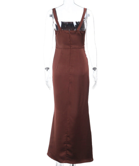 Elegant Bronze Satin Ruched Maxi Gown - Perfect for Fall & Holiday Events