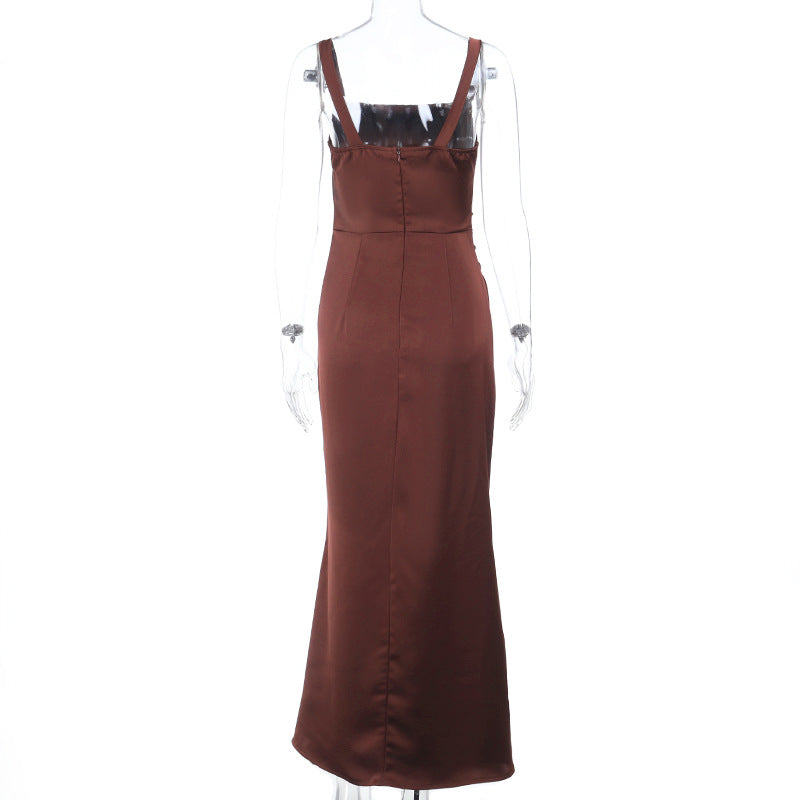 Elegant Bronze Satin Ruched Maxi Gown - Perfect for Fall & Holiday Events