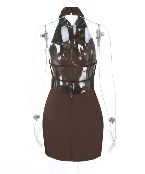 Sculpting Chocolate Halter Backless Mini Dress – Fall Party & Date Night Ready