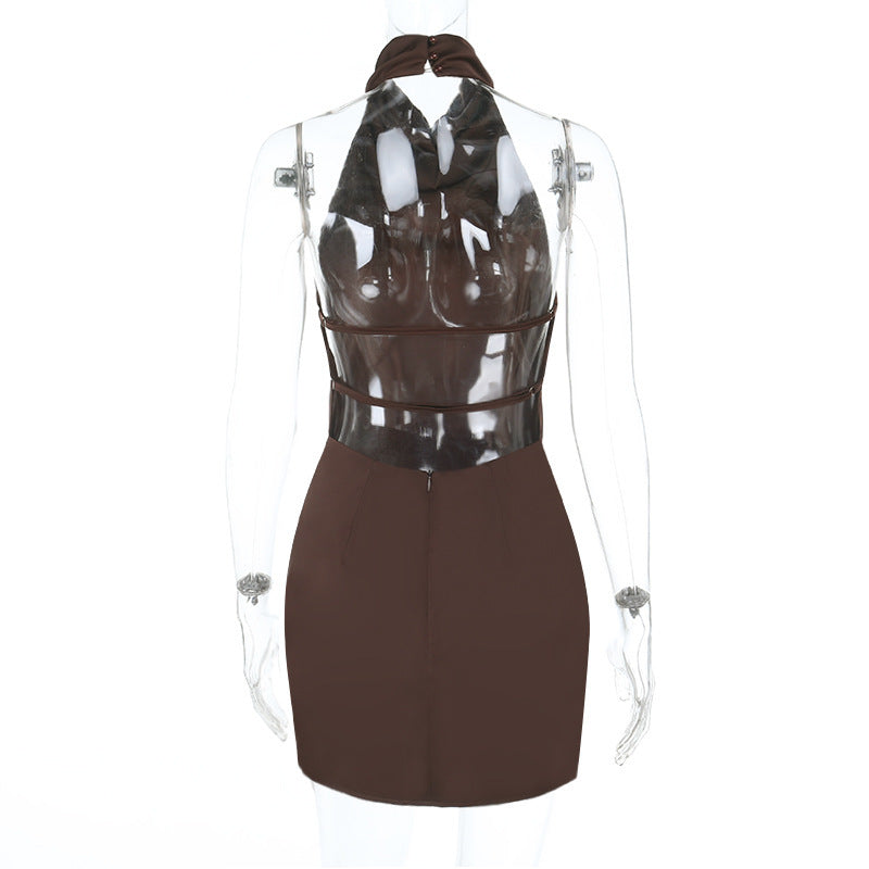 Sculpting Chocolate Halter Backless Mini Dress – Fall Party & Date Night Ready