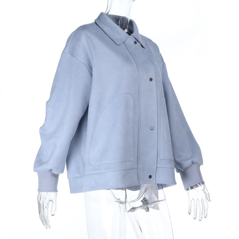 Effortless Fall Chic: Soft Suede-Feel Sky Blue Shacket for Women