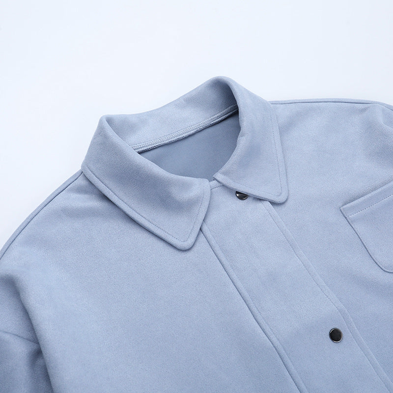 Effortless Fall Chic: Soft Suede-Feel Sky Blue Shacket for Women