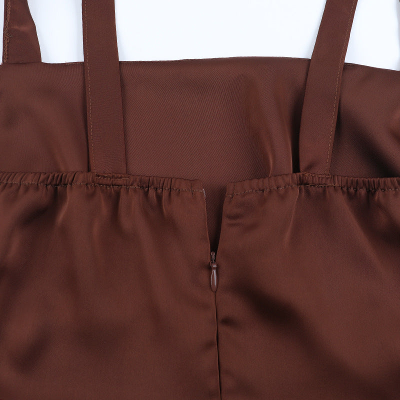 Elegant Bronze Satin Ruched Maxi Gown - Perfect for Fall & Holiday Events