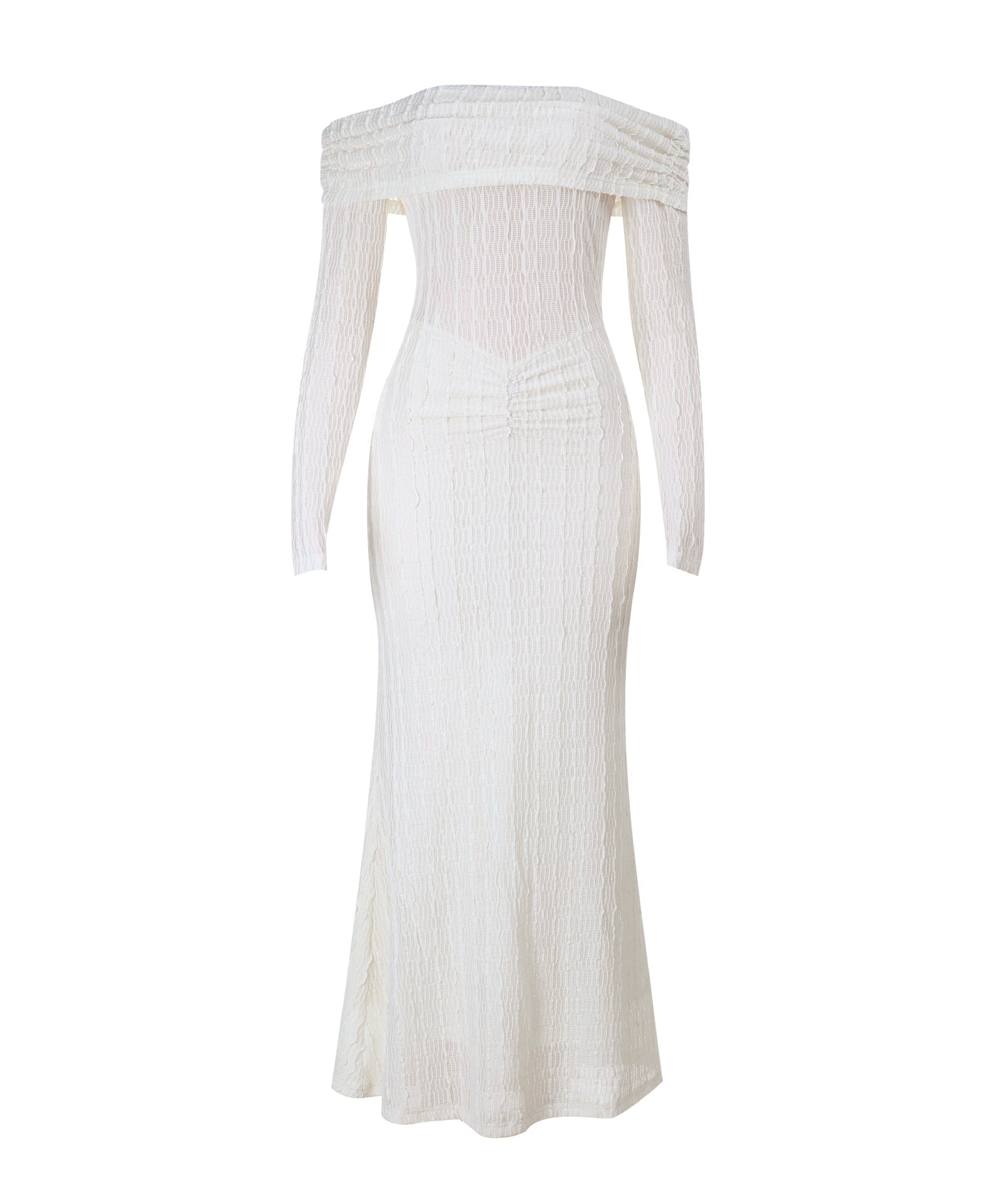 Elegant Winter White Off-Shoulder Long Sleeve Maxi Dress - Ruched & Textured for Fall/Holiday Chic