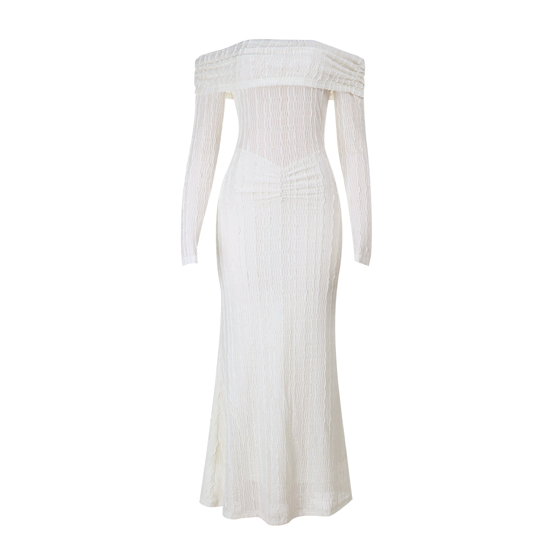 Elegant Winter White Off-Shoulder Long Sleeve Maxi Dress - Ruched & Textured for Fall/Holiday Chic