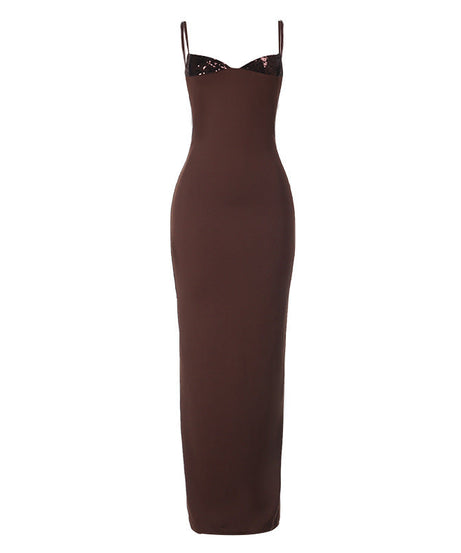 Chocolate Brown Sequin Bust Maxi Dress | Elegant V-Neck Bodycon for Fall & Holiday Parties