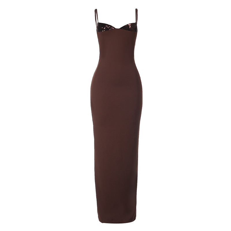 Chocolate Brown Sequin Bust Maxi Dress | Elegant V-Neck Bodycon for Fall & Holiday Parties