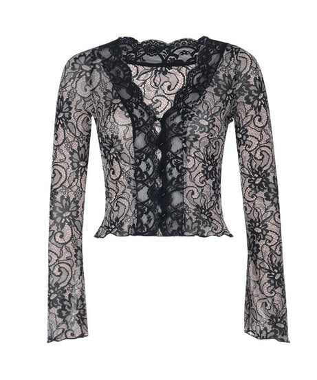 Alluring Black Lace V-Neck Long Sleeve Top | Fall Evening & Dark Romance Chic
