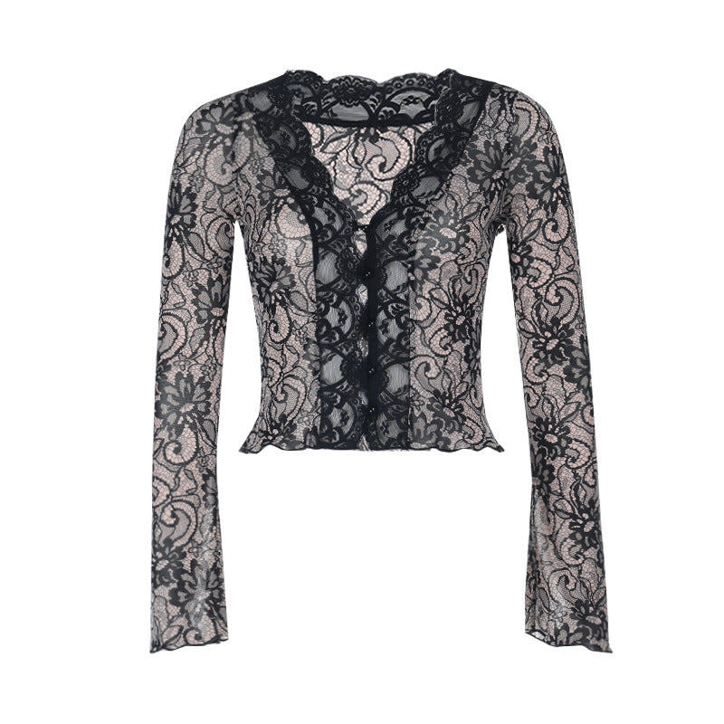 Alluring Black Lace V-Neck Long Sleeve Top | Fall Evening & Dark Romance Chic