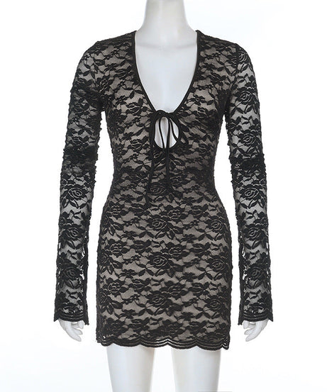 Sultry Black Lace Tie-Front Bodycon Mini Dress - Your Halloween & Fall Party Essential