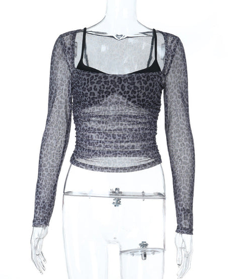 Chic Leopard Print Mesh Ruched Long Sleeve Top | Fall Fashion & Layering Must-Have