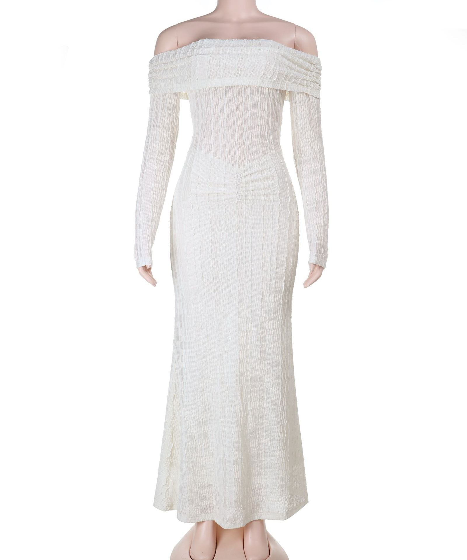 Elegant Winter White Off-Shoulder Long Sleeve Maxi Dress - Ruched & Textured for Fall/Holiday Chic