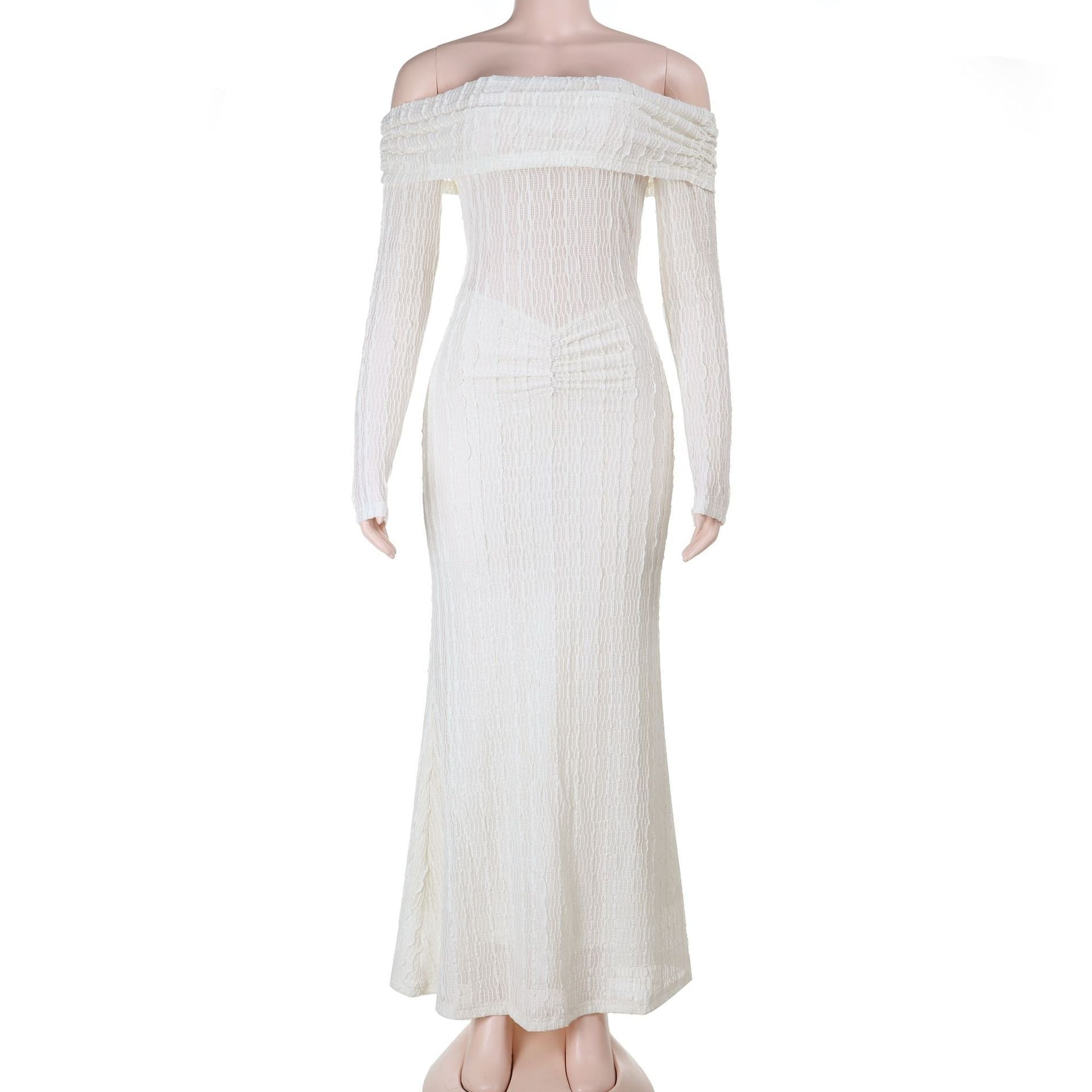 Elegant Winter White Off-Shoulder Long Sleeve Maxi Dress - Ruched & Textured for Fall/Holiday Chic