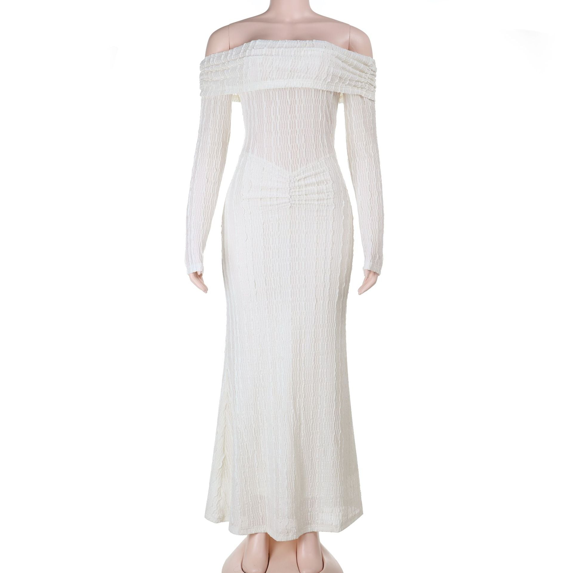 Elegant Winter White Off-Shoulder Long Sleeve Maxi Dress - Ruched & Textured for Fall/Holiday Chic