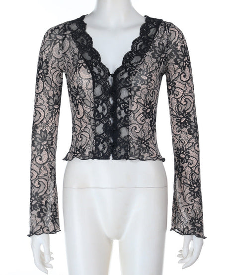 Alluring Black Lace V-Neck Long Sleeve Top | Fall Evening & Dark Romance Chic