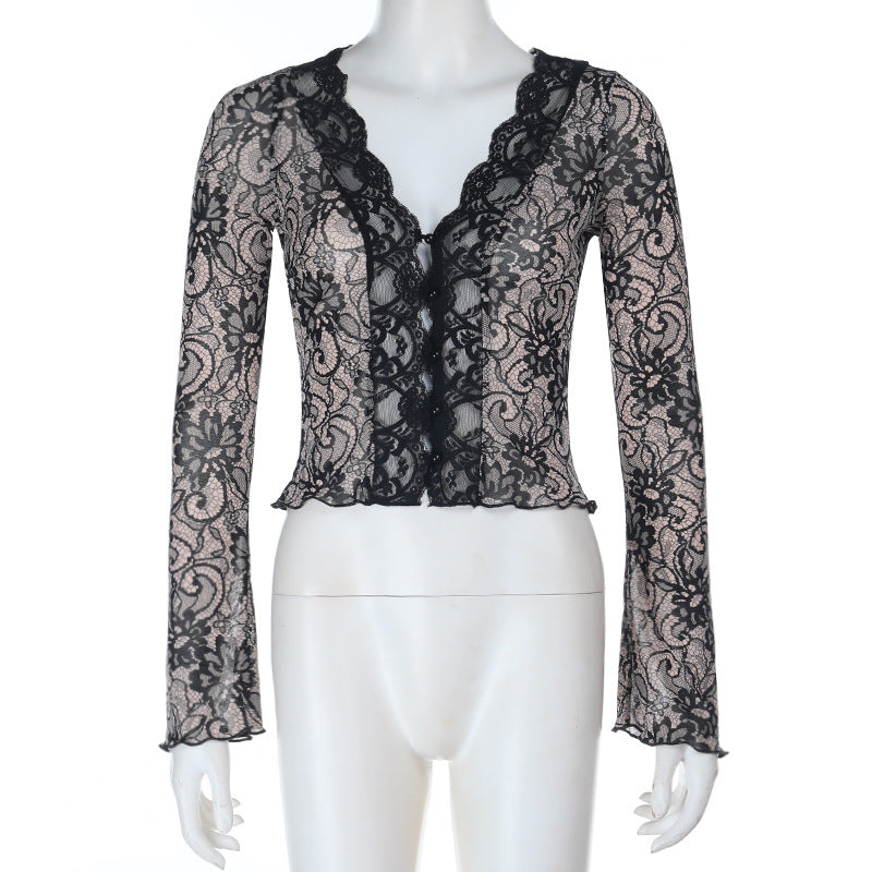 Alluring Black Lace V-Neck Long Sleeve Top | Fall Evening & Dark Romance Chic