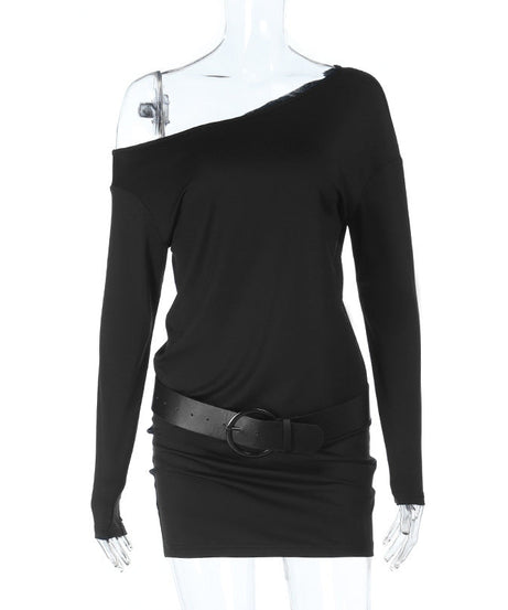 Chic One-Shoulder Long Sleeve Mini Dress with Belt - Your Go-To Fall & Holiday Party Essential