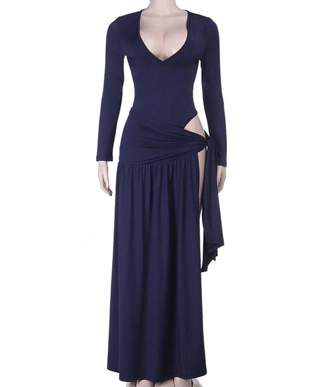 Effortless Fall Elegance: Navy Draped Cutout Long Sleeve Maxi Dress | Holiday Ready V-Neck