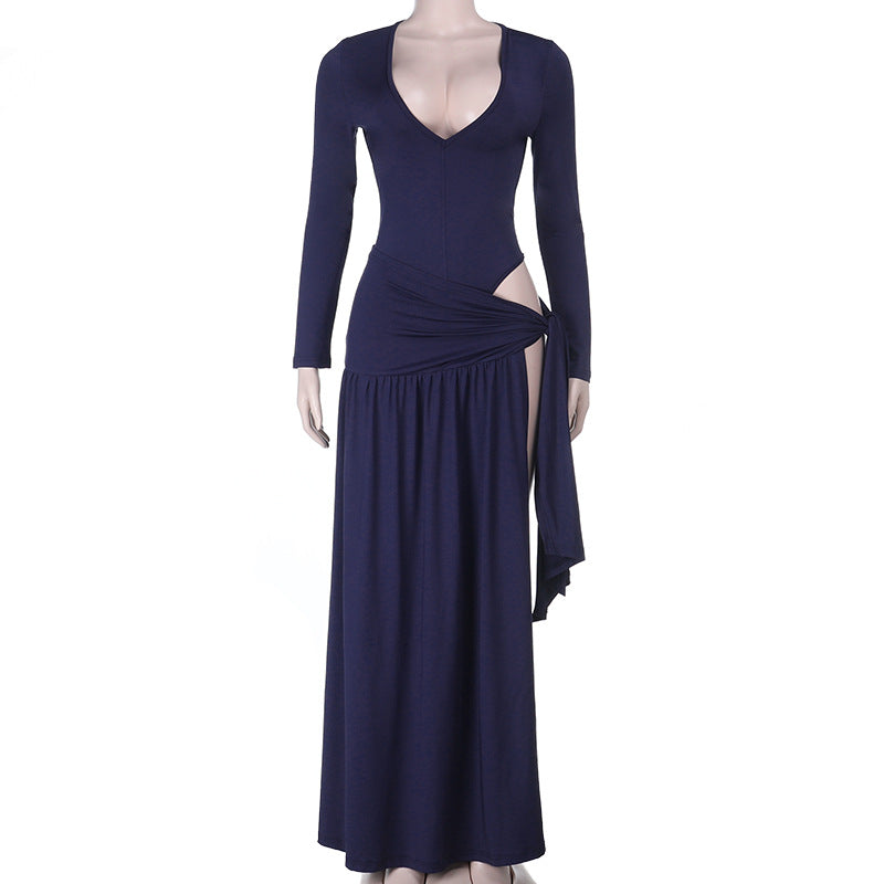 Effortless Fall Elegance: Navy Draped Cutout Long Sleeve Maxi Dress | Holiday Ready V-Neck