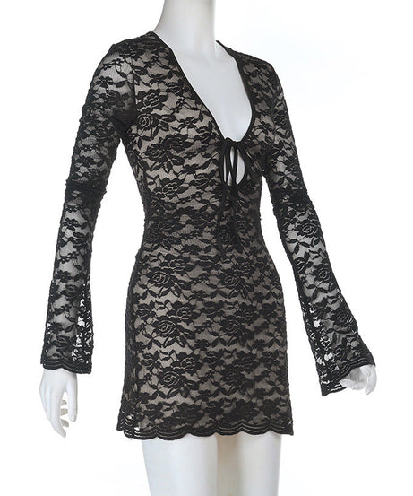Sultry Black Lace Tie-Front Bodycon Mini Dress - Your Halloween & Fall Party Essential