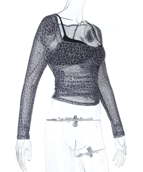 Chic Leopard Print Mesh Ruched Long Sleeve Top | Fall Fashion & Layering Must-Have