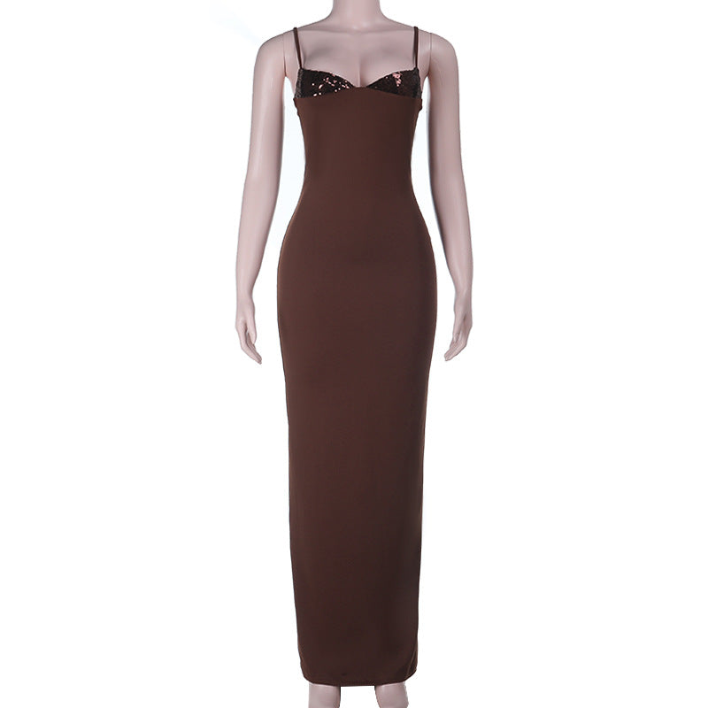 Chocolate Brown Sequin Bust Maxi Dress | Elegant V-Neck Bodycon for Fall & Holiday Parties