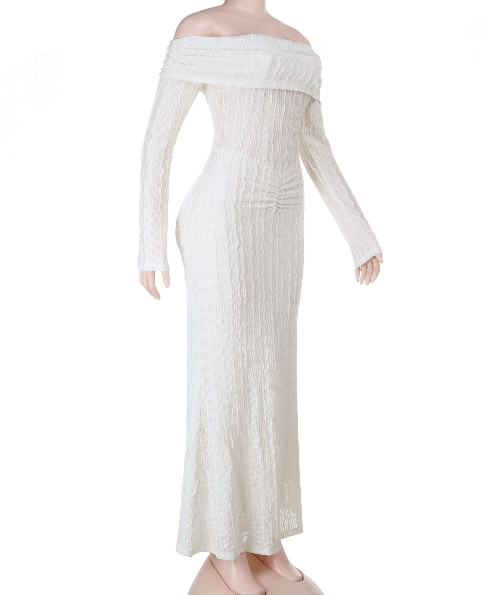 Elegant Winter White Off-Shoulder Long Sleeve Maxi Dress - Ruched & Textured for Fall/Holiday Chic