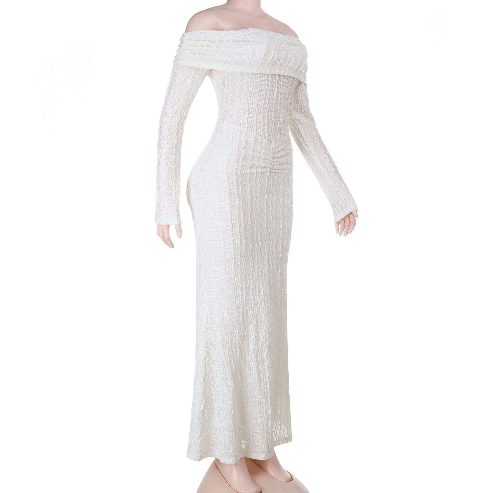 Elegant Winter White Off-Shoulder Long Sleeve Maxi Dress - Ruched & Textured for Fall/Holiday Chic