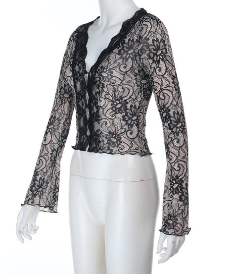 Alluring Black Lace V-Neck Long Sleeve Top | Fall Evening & Dark Romance Chic