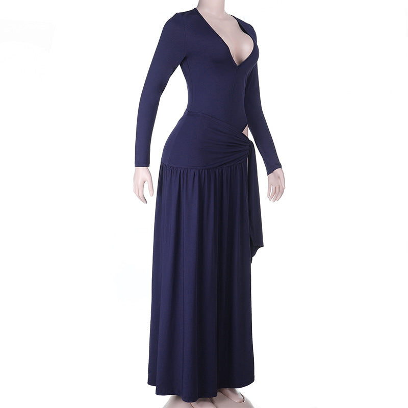 Effortless Fall Elegance: Navy Draped Cutout Long Sleeve Maxi Dress | Holiday Ready V-Neck