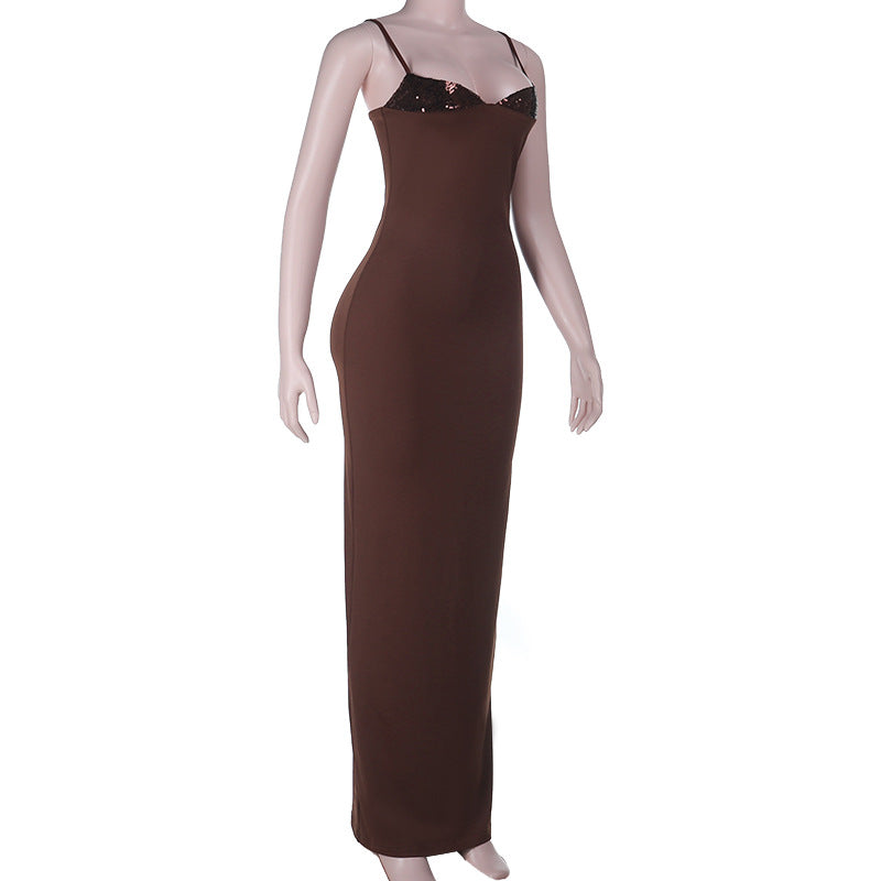 Chocolate Brown Sequin Bust Maxi Dress | Elegant V-Neck Bodycon for Fall & Holiday Parties