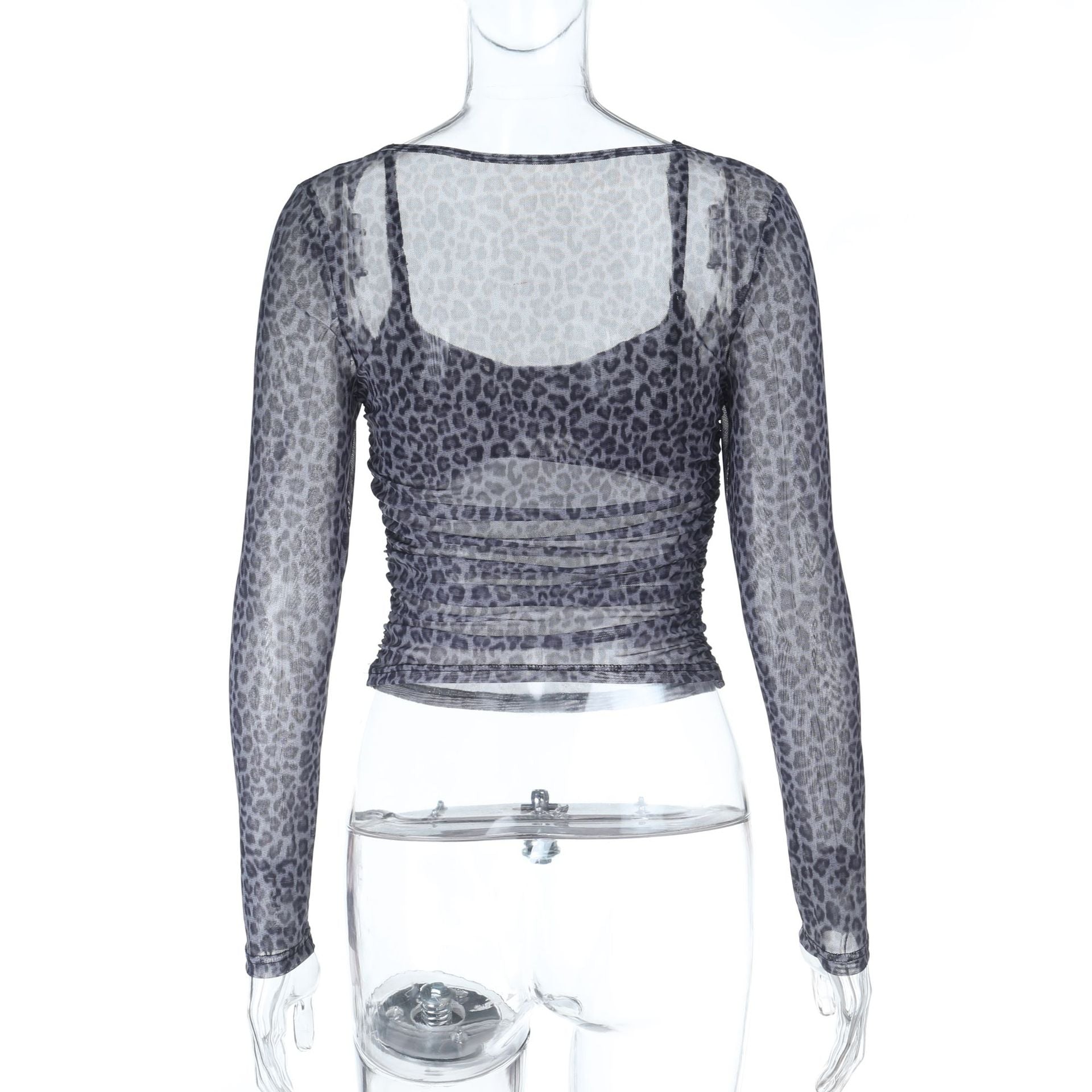 Chic Leopard Print Mesh Ruched Long Sleeve Top | Fall Fashion & Layering Must-Have