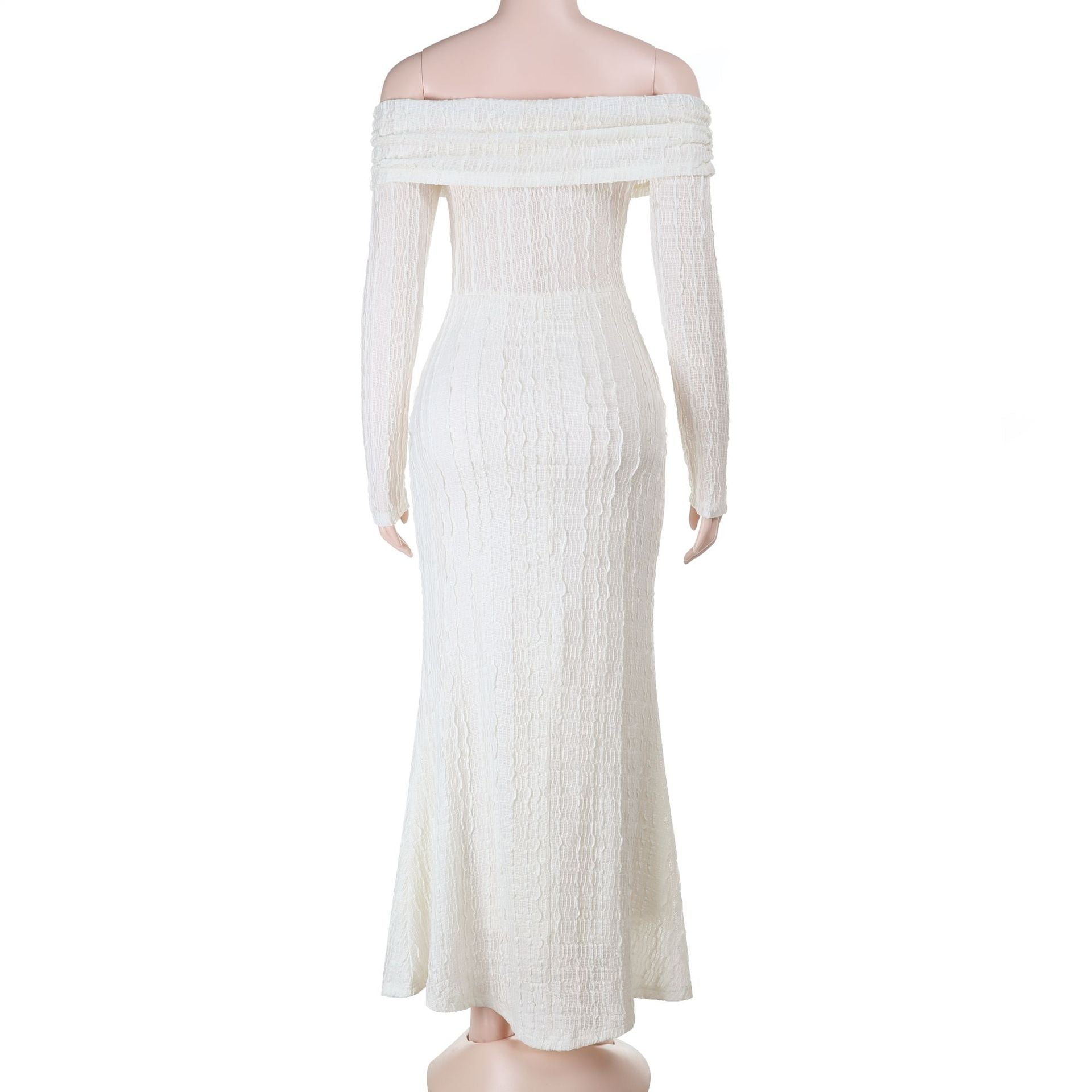 Elegant Winter White Off-Shoulder Long Sleeve Maxi Dress - Ruched & Textured for Fall/Holiday Chic