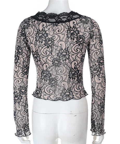Alluring Black Lace V-Neck Long Sleeve Top | Fall Evening & Dark Romance Chic