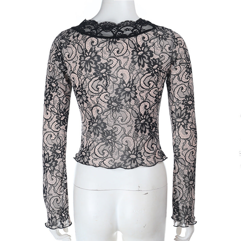 Alluring Black Lace V-Neck Long Sleeve Top | Fall Evening & Dark Romance Chic