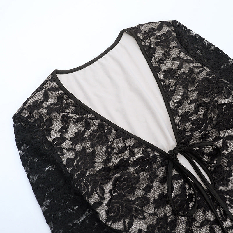 Sultry Black Lace Tie-Front Bodycon Mini Dress - Your Halloween & Fall Party Essential