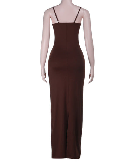 Chocolate Brown Sequin Bust Maxi Dress | Elegant V-Neck Bodycon for Fall & Holiday Parties