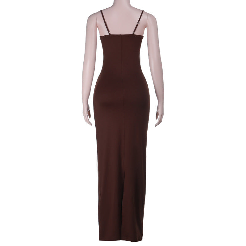 Chocolate Brown Sequin Bust Maxi Dress | Elegant V-Neck Bodycon for Fall & Holiday Parties