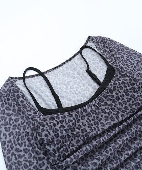 Chic Leopard Print Mesh Ruched Long Sleeve Top | Fall Fashion & Layering Must-Have