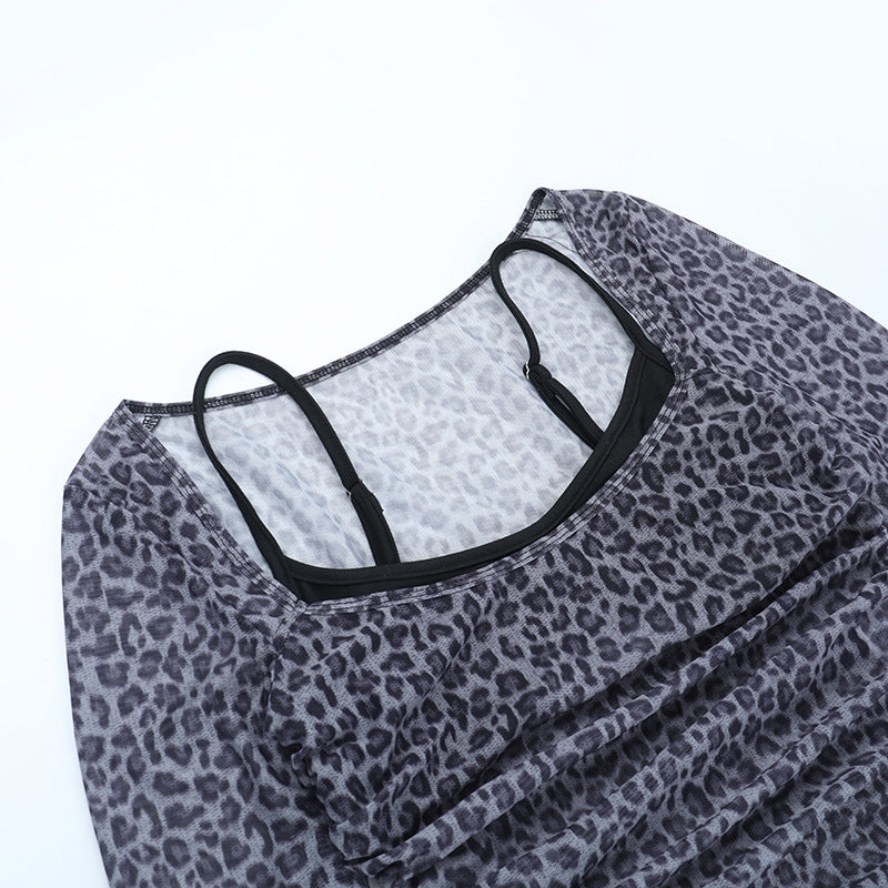 Chic Leopard Print Mesh Ruched Long Sleeve Top | Fall Fashion & Layering Must-Have