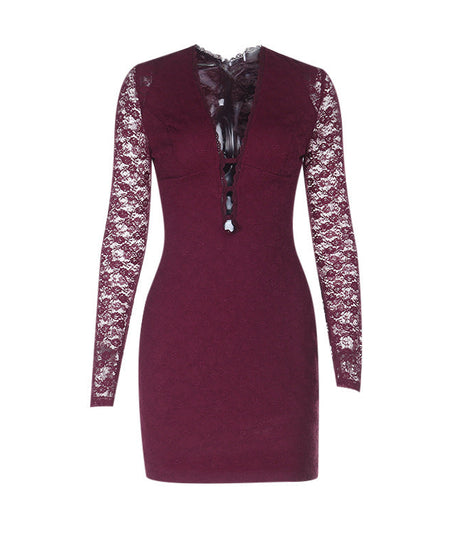 Plunging V-Neck Burgundy Lace Bodycon Mini Dress - Fall & Holiday Party Glam