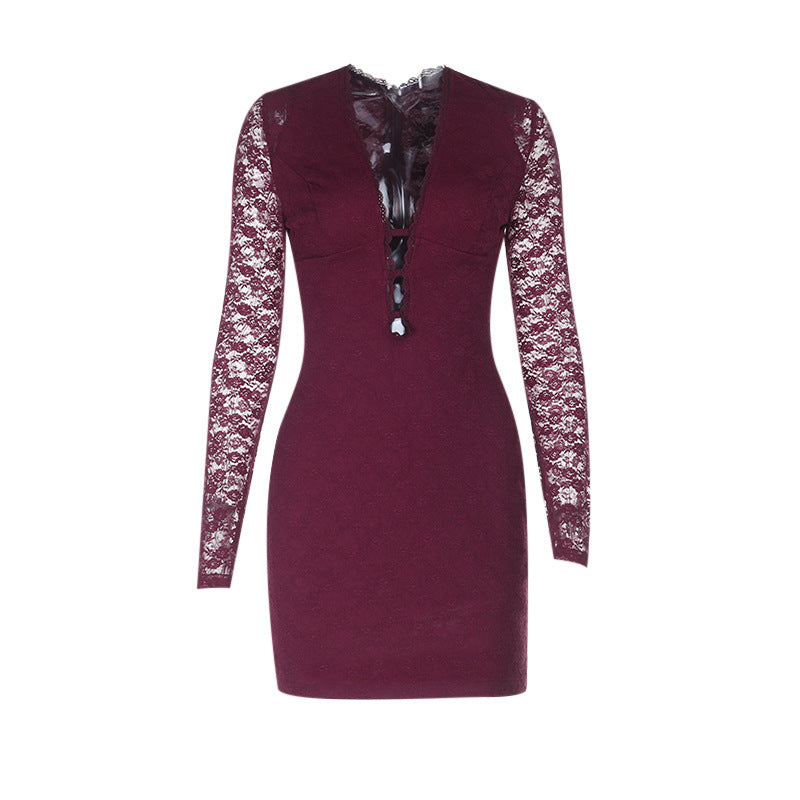 Plunging V-Neck Burgundy Lace Bodycon Mini Dress - Fall & Holiday Party Glam