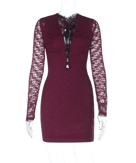 Plunging V-Neck Burgundy Lace Bodycon Mini Dress - Fall & Holiday Party Glam