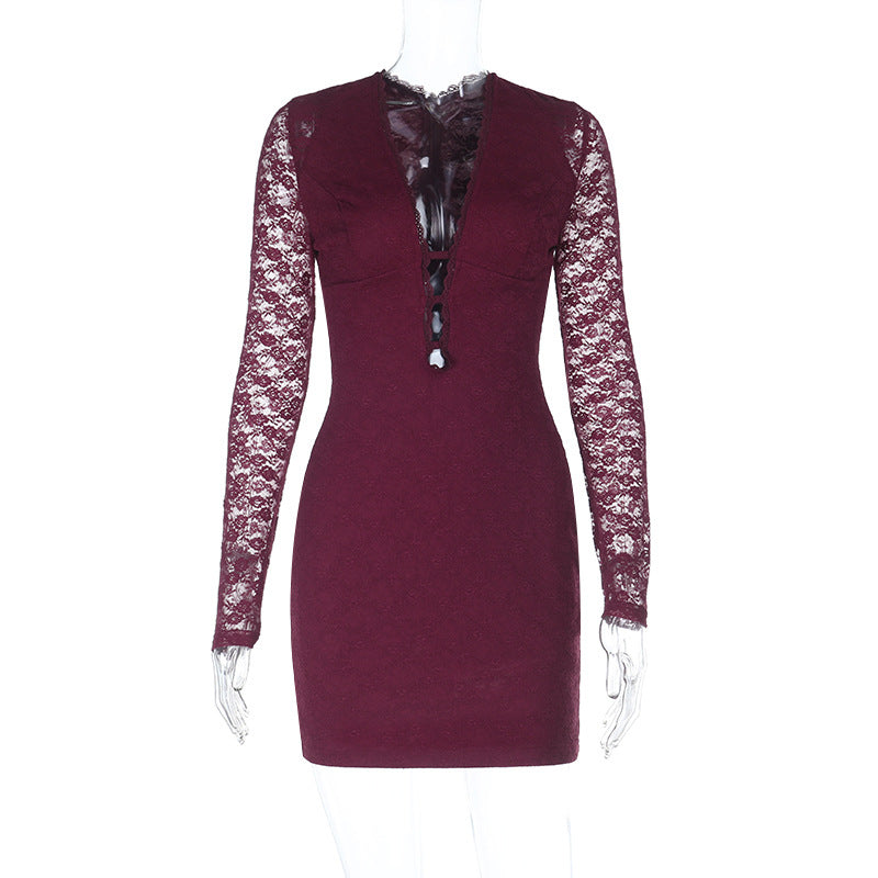 Plunging V-Neck Burgundy Lace Bodycon Mini Dress - Fall & Holiday Party Glam