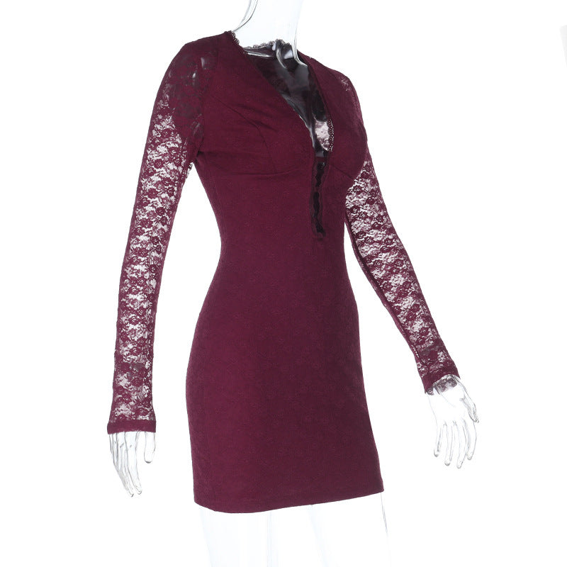 Plunging V-Neck Burgundy Lace Bodycon Mini Dress - Fall & Holiday Party Glam