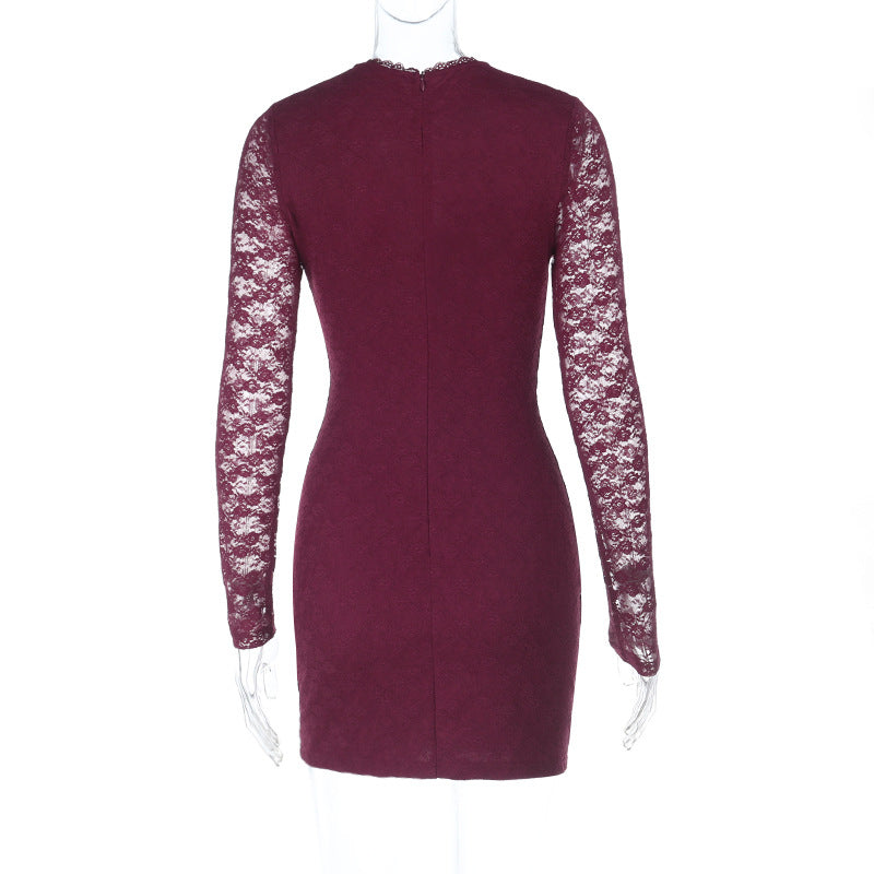 Plunging V-Neck Burgundy Lace Bodycon Mini Dress - Fall & Holiday Party Glam